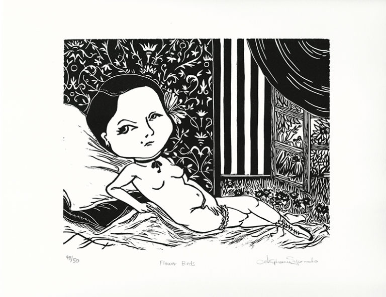 Stephanie Mercado, Flower Beds, linocut, Ed. 50 15 x 20"