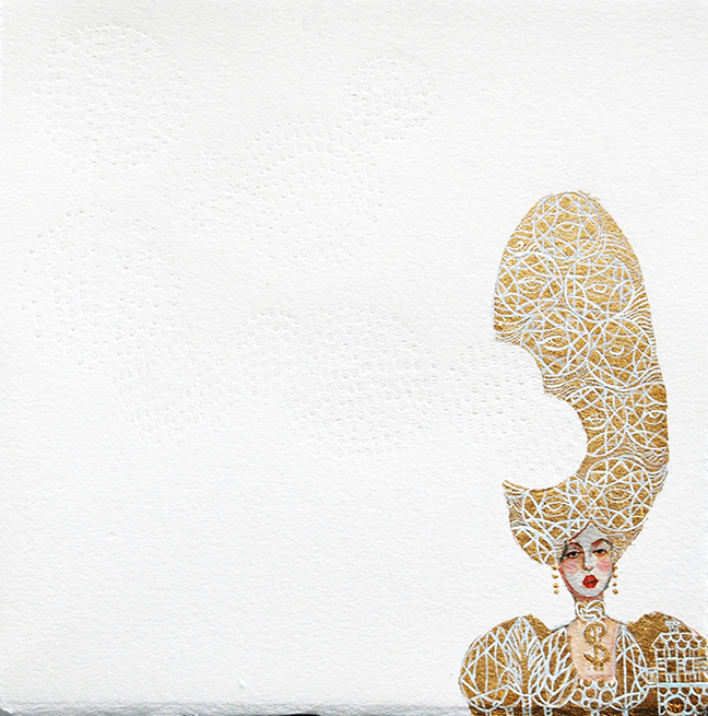 Stephanie Mercado, Golden, 2014, acrylic and gold leaf on paper with embossed text, 14 x 14"