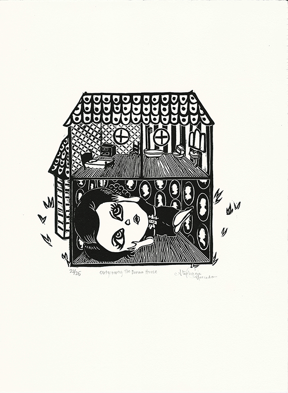 Stephanie Mercado, Outgrowing the Dream House linocut, Ed. 25, 15 x 11"