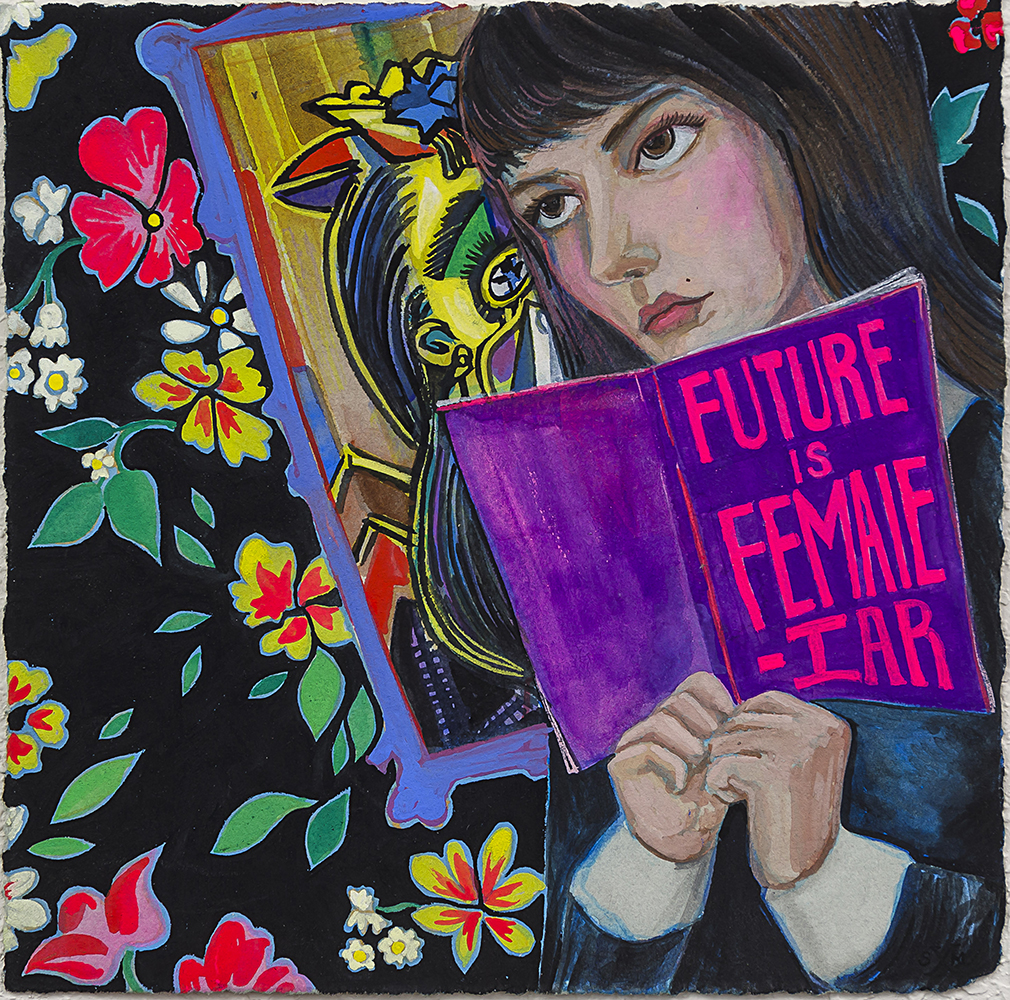 Stephanie Mercado, The Future is Female-iar, gouache on paper, 8 x 8"