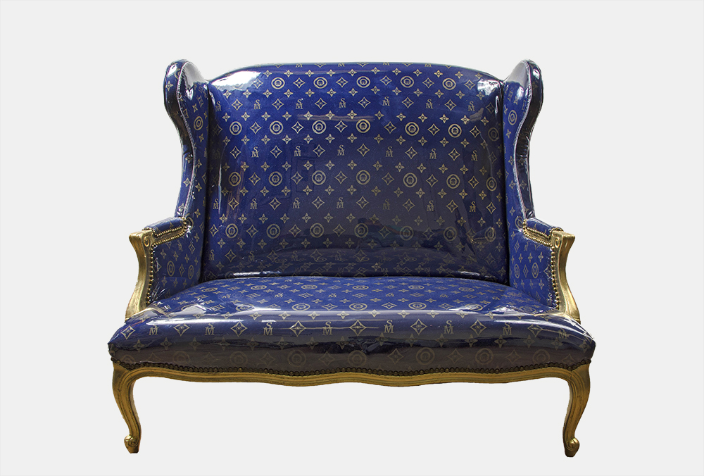 Stephanie Mercado, Untitled (Homage to My Grandfather), 2015, antique love seat with custom hand-printed silkscreened upholstery fabric and vinyl, 60 x 36 x 36"