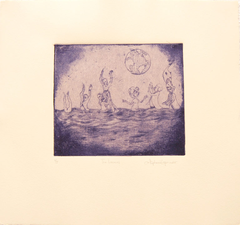 Stephanie Mercado, The Loonies drypoint, with chine-collé and gouache 12 x 13"
