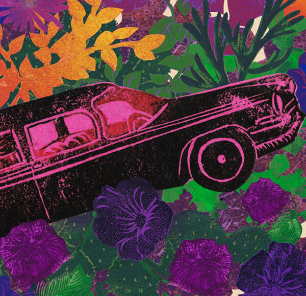 Ride Eternity, (1960's Cadillac Hearse), 2023 relief printmaking collage (digital composite) 30 x 40"