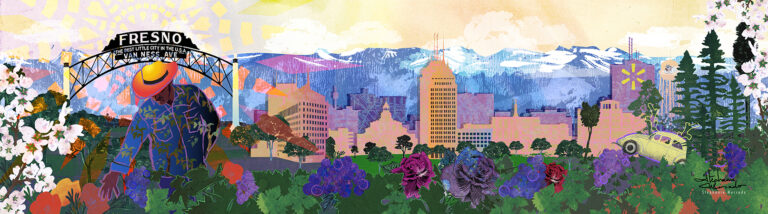 Image of printmaking based mural for Fresno, CA