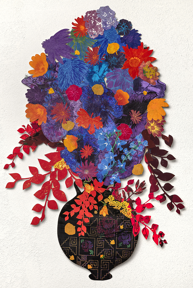 A brightly colored floral bouquet constructed from handprinted prints and paper flowers