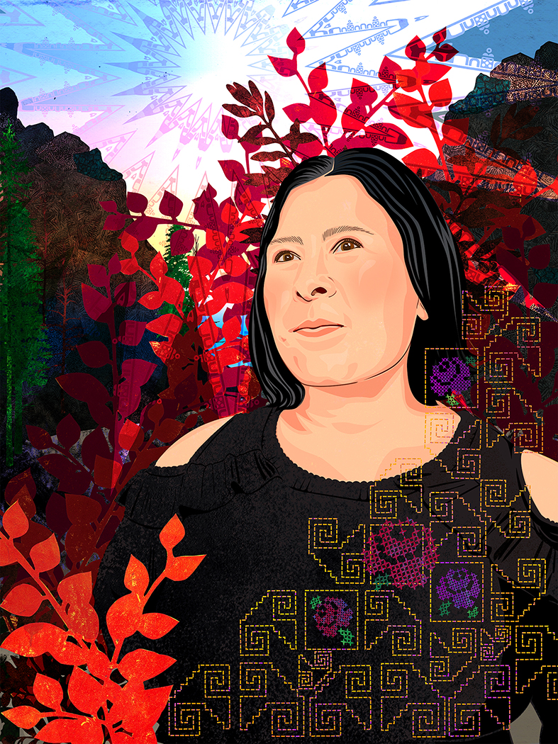 Portrait of a woman surrounded by mountains and fire bush plants