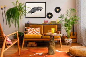 an interior featuring artwork of low rider with indigenous patterns